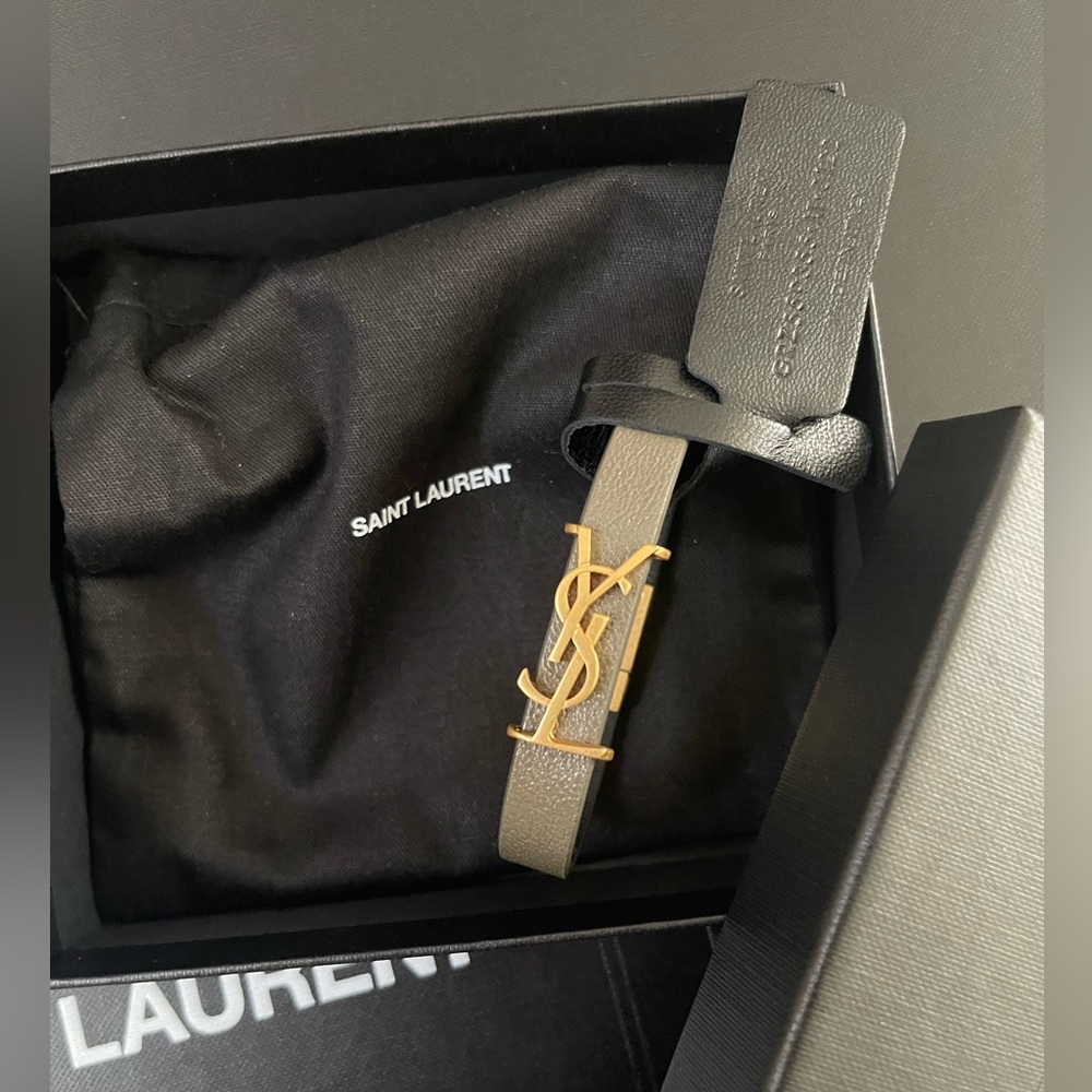 New Saint Lauret Gray Kaki Gold-Tone Leather Bracelet